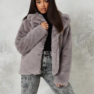Gray Shawl Collar Faux Fur Coat